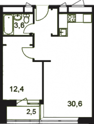 Двухкомнатная квартира 49.1 м²
